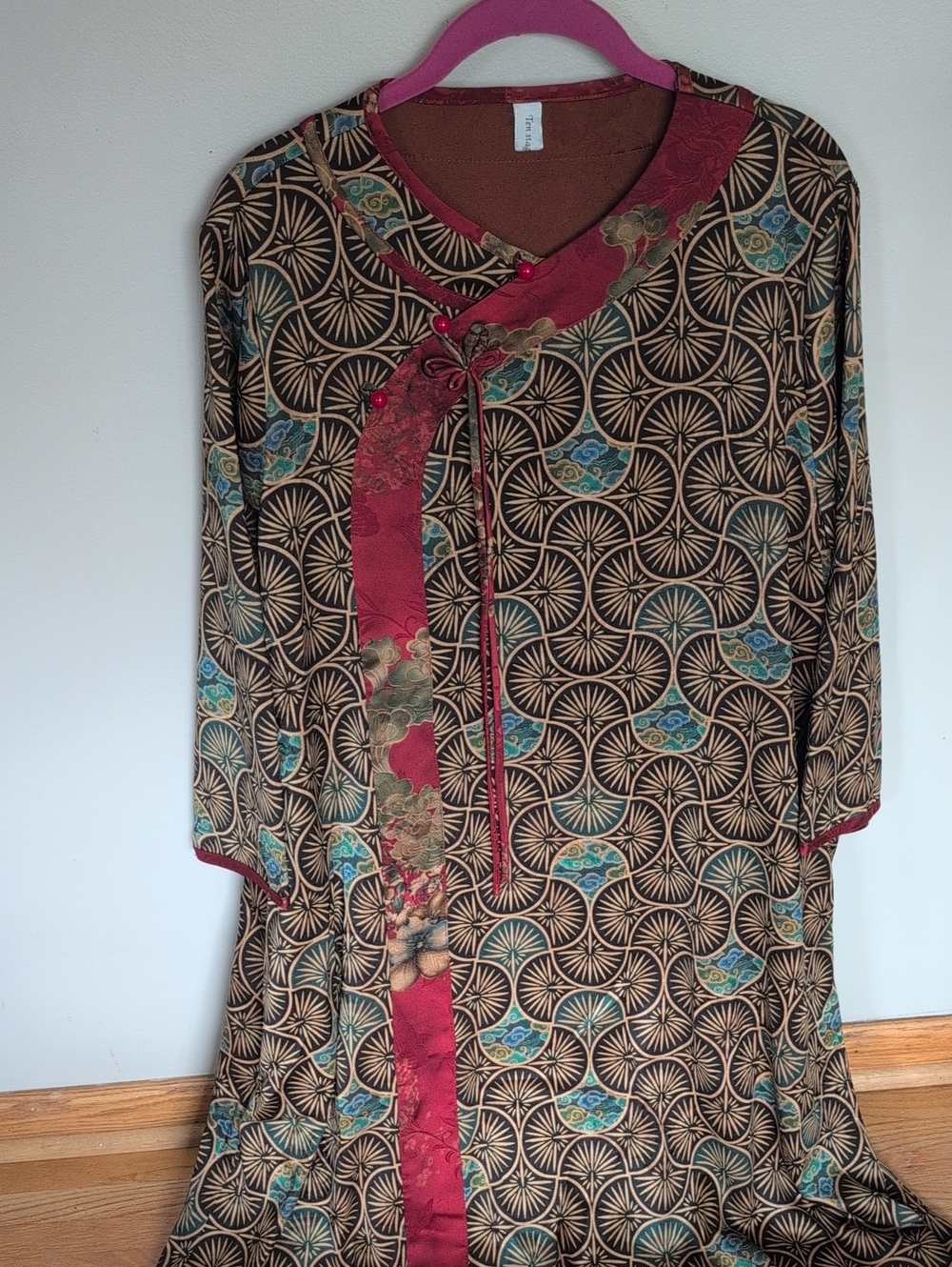 Printed Wrap-Style Tunic with Red Trim